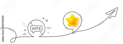 Stop voting line icon. Continuous line with share plane. Do not vote sign. No public election symbol. 3d star in speech bubble. Stop voting single line ribbon. Loop curve pattern. Vector