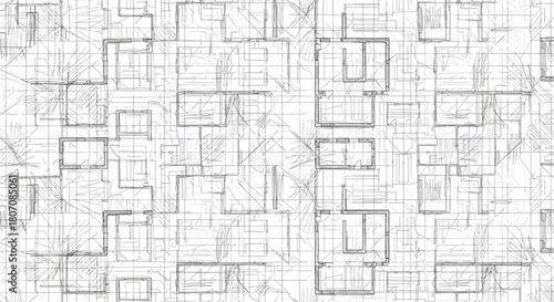 Minimalist seamless pattern featuring abstract architectural sketches and geometric grids, creating a clean, technical blueprint design.