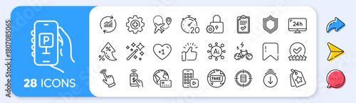 Checklist, Cursor and Calculator target line icons. Interest rate, AI generate, Inflation icons. Pack of Scroll down, Rating stars, Magic wand icon. Vector
