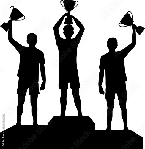 Silhouettes of athletes celebrating victory on a podium