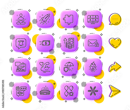 Inflation, Money transfer and Secure mail line icons. App 3d buttons. Social media comment, share, like icons. Pack of Heart flame, Puzzle, Arena stadium icon. Vector
