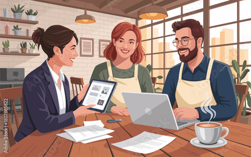 Small Business Owners Collaborate with Financial Advisor at Cafe Table