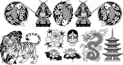 Flat vector illustration of Japanese cultural icons, koi fish, samurai, dragon, tiger, lotus, mask, pagoda, black silhouette art