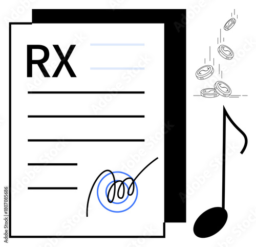 Prescription paper with signature, descending coins, large music note. Ideal for healthcare cost, creativity, finance, economy, art, pharmaceuticals simple flat metaphor