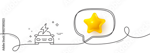 Car charging line icon. Continuous line with 3d star. EV vehicle charge sign. Electric power symbol. 3d star in speech bubble. Car charging single line ribbon. Loop curve pattern. Vector