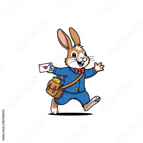 Cheerful rabbit mailman hops along happily