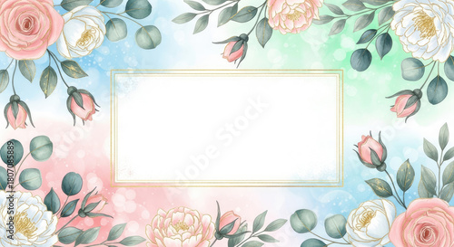 Elegant floral frame with watercolor roses and eucalyptus leaves, with a soft bokeh background perfect for invitations and greetings, templates