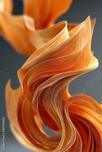 Abstract orange ribbon sculpture with flowing curves in a close-up 3D rendering