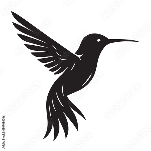 Elegant black silhouette of a hummingbird in flight with outstretched wings isolated on white background