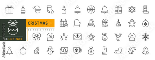 Minimalist Cristmas line icons set with editable stroke, featuring . thin linear illustration.