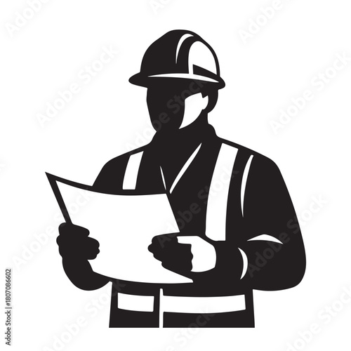 Silhouette of a construction worker in a hard hat and safety vest reviewing blueprints isolated on white background