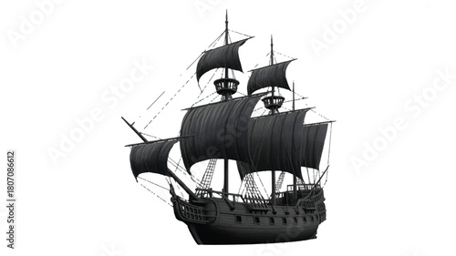 A detailed silhouette of a black pirate ship with three masts against a white background.  (1)_traced