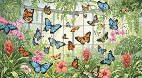 Beautiful blue morpho and monarch butterflies fly freely inside a lush botanical conservatory filled with exotic flowers and plants.
