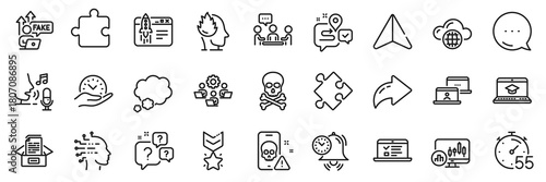 Teamwork, Strategy and Talk bubble line icons pack. Share, Message, Paper plane icons. Journey, Artificial intelligence, Time management web icon. Vector