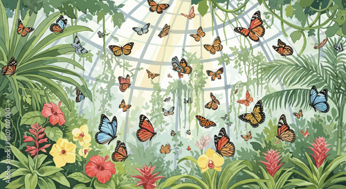 Numerous colorful butterflies, including monarch and morpho species, fluttering among tropical flowers inside a sunlit greenhouse.