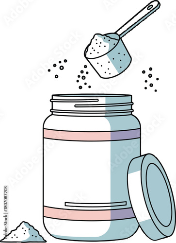 Protein powder supplement jar illustration with scoop and measuring spoon