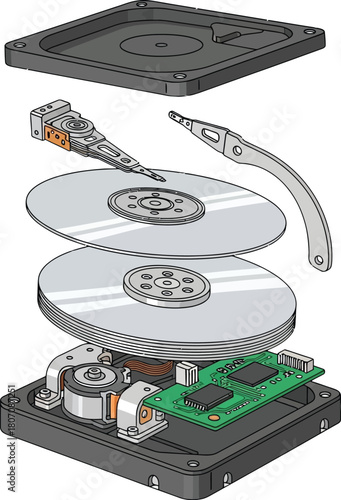 Exploded view illustration of hard drive showcasing internal components