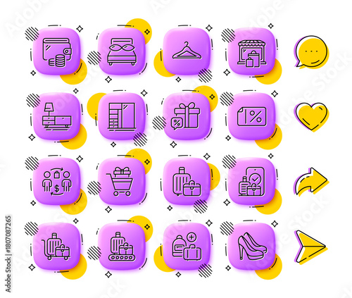 Buying process, Baggage and Baggage belt line icons. App 3d buttons. Social media comment, share, like icons. Pack of Wallet, Market, Sale gift icon. Cupboard, Pillows, Add handbag pictogram. Vector