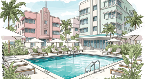 Sun-drenched swimming pool area at a stylish hotel featuring classic pastel-colored Art Deco architecture in Miami Beach.