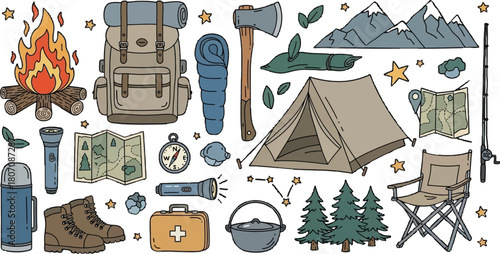 Collection of hand-drawn camping and outdoor adventure essential equipment