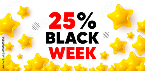 Black week winner banner with 3d stars. Golden stars banner. Black week 25 percent sale. Special discount sign. Black friday offer symbol. Review rate background. Vector