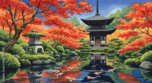 Serene Japanese garden in autumn, featuring a tranquil pond with koi fish, a stone lantern, and a pagoda amid red maples.