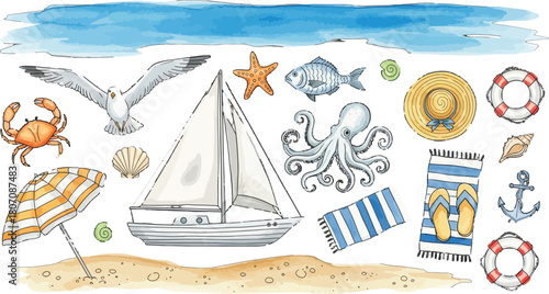 Watercolor beach elements illustration for summer vacation concept design