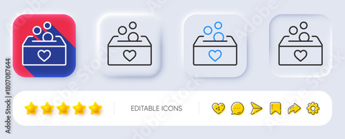Donate money box line icon. Neumorphic, Flat shadow, 3d buttons. Fundraising box sign. Donation coin symbol. Line donation icon. Social media icons. Vector