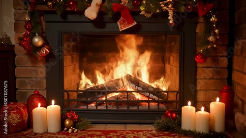 Cozy fireplace with burning logs festive holiday decorations and glowing candles