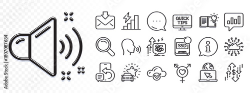Genders, Incoming mail and Web tutorials line icons for web app. Glare of light effect. Message icon. Pack of Human sing, Phone message, Car review pictogram icons. Vector
