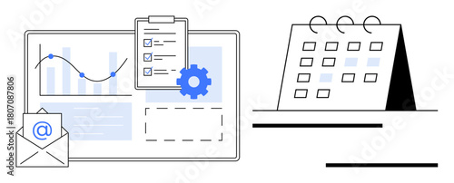 Data chart with analytics, email, checklist on clipboard, gear icon, and desk calendar. Ideal for productivity, planning, data analysis, project management organization reminders business