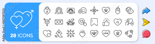 Valentine, Genders and Honeymoon travel line icons. Interest rate, AI generate, Inflation icons. Pack of Hold heart, Heart, Rainbow icon. Inclusion, Hearts, Like button pictogram. Vector