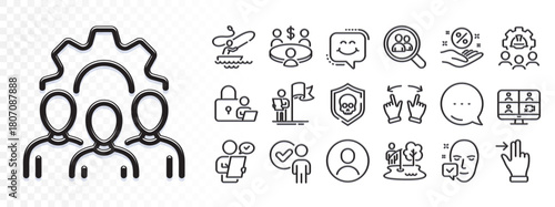 Headshot, Team work and Move gesture line icons for web app. Glare of light effect. Message icon. Pack of Face accepted, Video conference, Touchscreen gesture pictogram icons. Vector