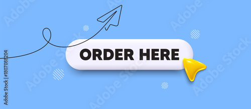 Order here search bar. Share plane line icon. Order here. Buy now announce sign. Business offer symbol. Search button with 3d cursor. Vector