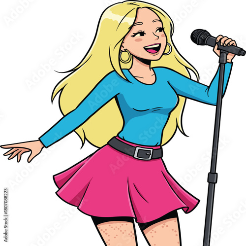 Vibrant Cartoon Vector Illustration of a Beautiful Female Pop Star Singing into a Microphone, Capturing Live Performance and Musical Energy for Entertainment, Concert, or Event Promotion Designs.