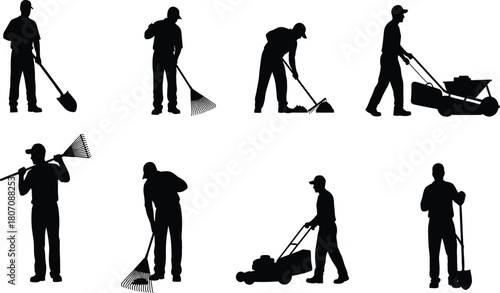 Silhouettes of landscaping workers performing various outdoor gardening tasks with tools, showcasing maintenance, labor, yard care, lawn work, and professional services.