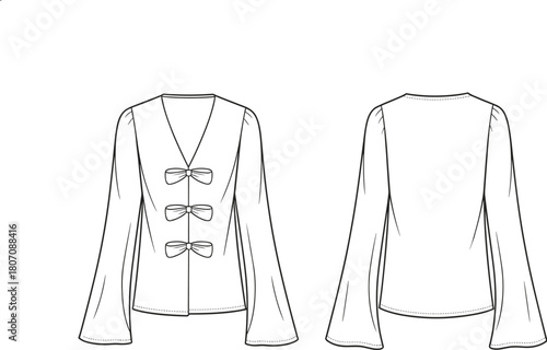 “Elegant women’s blouse flat sketch with flared sleeves, bow front closures, detailed fashion technical drawing for apparel design and garment illustration use”