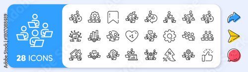 Teamwork line icons. Interest rate, AI generate, Inflation icons. Working at home, Online Team worker, Remote office. Artificial intelligence, Growth chart, Online home job line icons. Vector