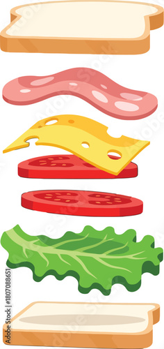 Exploded sandwich illustration with separate floating ingredients depiction