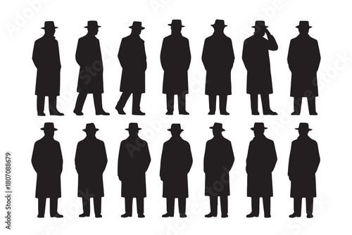 Collection of vintage man silhouettes in overcoats and hats standing in various poses isolated on white background