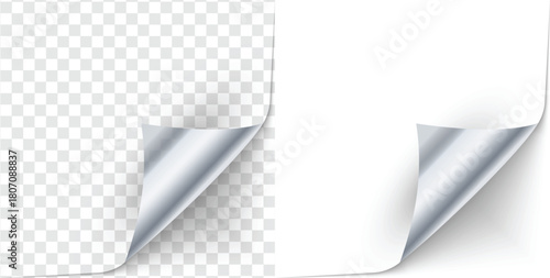 Curled page corner isolated on transparent and white background. Blank curve paper edge, bent sheet, note angle with realistic shadow. Vector rolled up stickers, peel banners