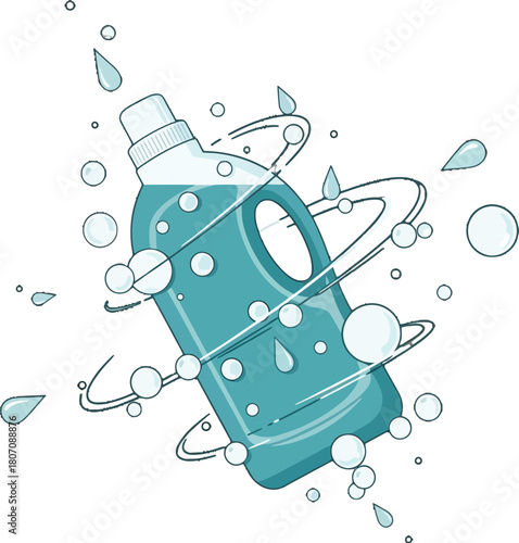 Freshness unveiled: A stylized detergent bottle with a burst of bubbles