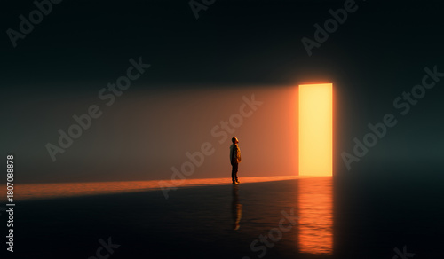 Photos Man facing illuminated neon orange doorway in dark minimal collage space
