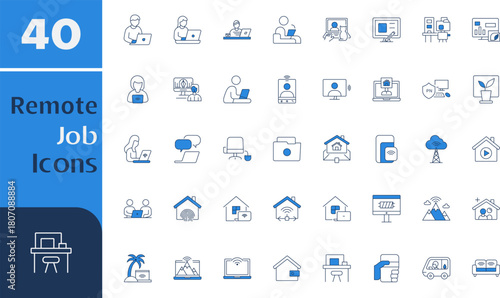 “Remote Job & Work From Home Icons Set – Online Work, Digital Nomad, Freelance & Virtual Office Line Icons (40 Pack)”