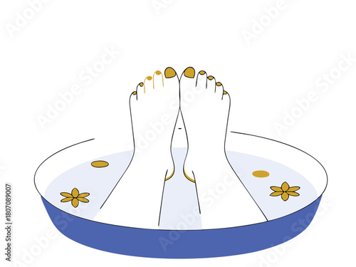 Artistic illustration of feet soaking in a spa-like bath with golden painted toenails and flowers on a transparent background.