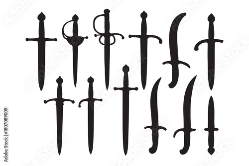 Collection of various historical sword silhouettes displayed isolated on white background