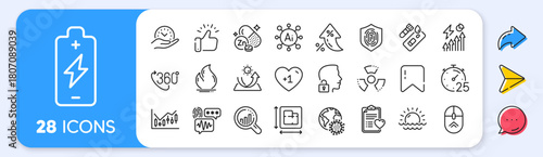 Chemical hazard, 360 degree and Fingerprint line icons. Interest rate, AI generate, Inflation icons. Pack of Zinc mineral, Electricity consumption, Battery charging icon. Vector