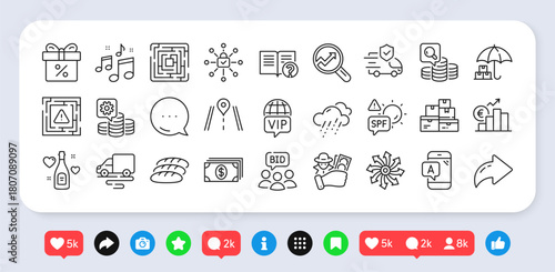 Banking, Inspect and Road line icons pack. Social media: share, comment, like icons. Auction, Euro rate, Spf protection web icon. Versatile, Making money, Transport insurance pictogram. Vector