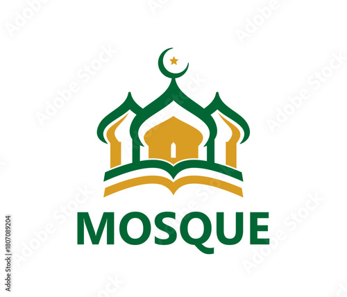 Islamic Muslim mosque graphic icon or label. Arab mosque school symbol, Muslim culture library abstract vector emblem. Islamic religion center sign or icon with minaret tops, crescent and typography