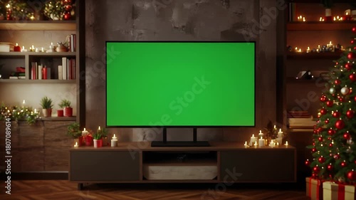 Cozy living room interior with a green screen television and christmas tree decorations